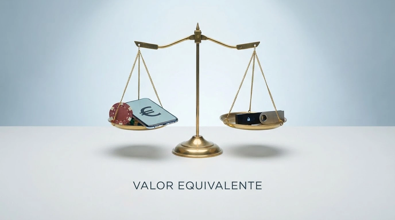 Una balanza de dos platillos: en el izquierdo, billetes de euro junto a un móvil mostrando el logo de Bizum; en el derecho, un monedero hardware de criptomonedas. Composición limpia, sin manos.