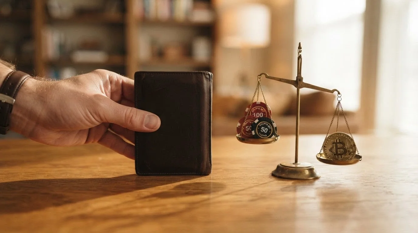 Un monedero físico con el logo de BNB en una mano y una balanza en la otra: en un platillo ventajas (velocidad, privacidad) y en el otro riesgos (sin chargeback, volatilidad)