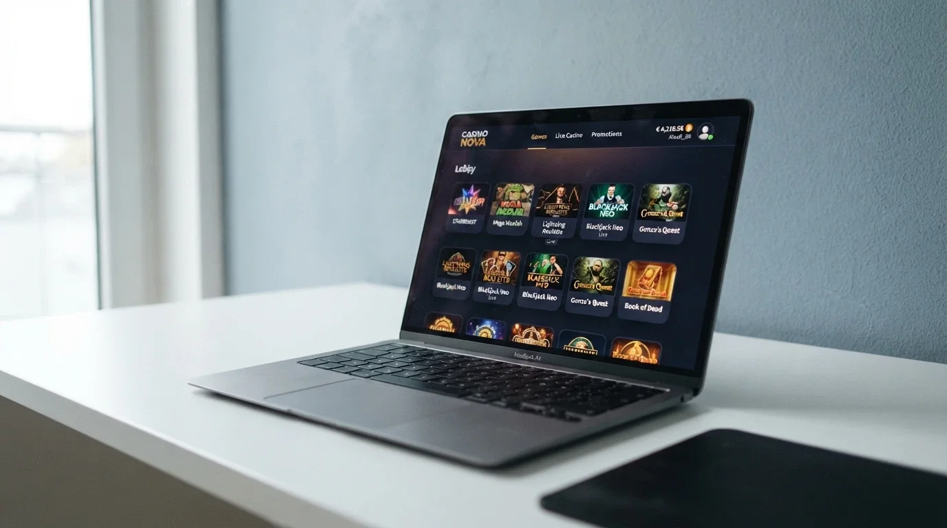 Interfaz moderna de un casino online de reciente lanzamiento, con diseño limpio y saldo en criptomonedas visible
