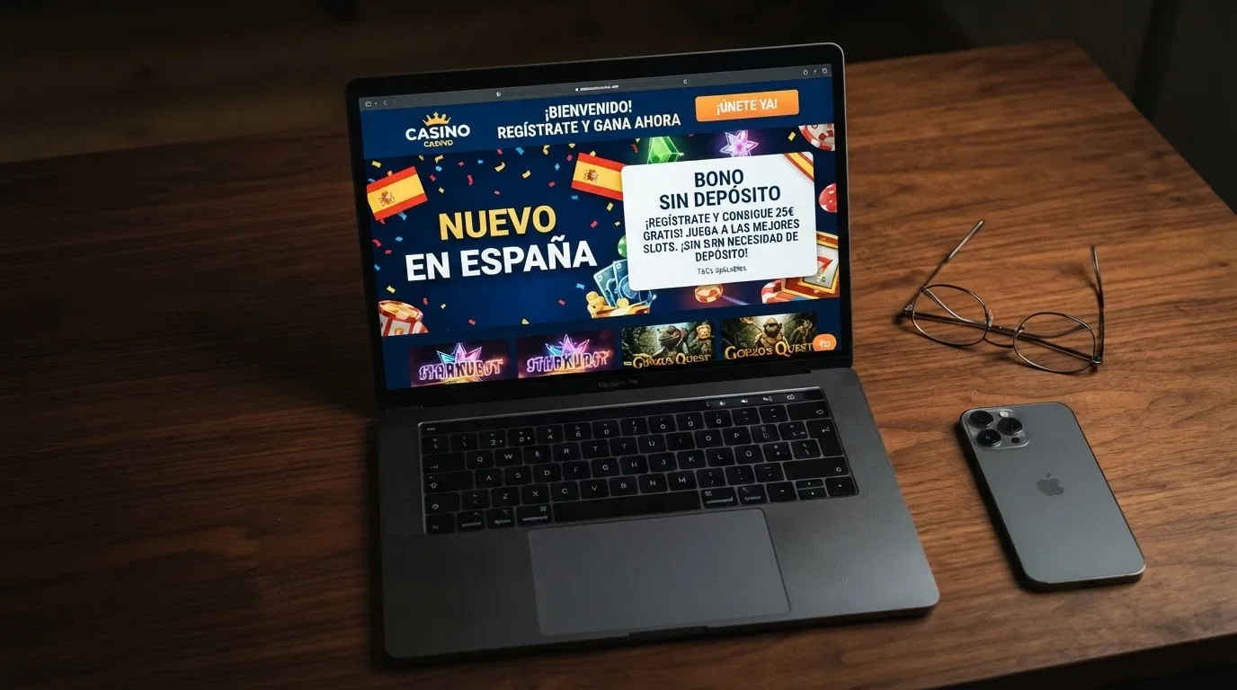 Fachada virtual de un casino online con la etiqueta «Nuevo en España» y el banner de bono sin depósito en la página de aterrizaje