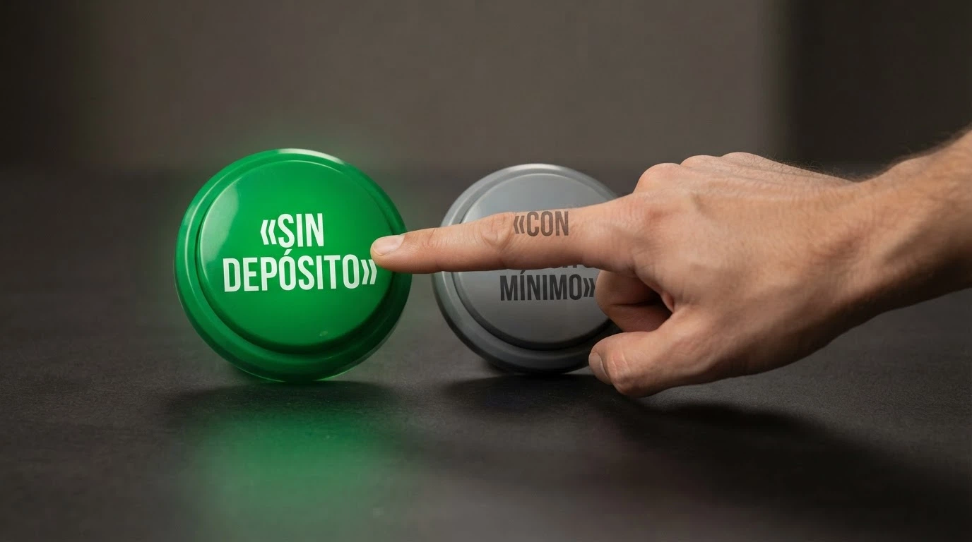 Dos botones de casino uno al lado del otro: «Sin depósito» en verde y «Con depósito mínimo» en gris, con una mano señalando el primero