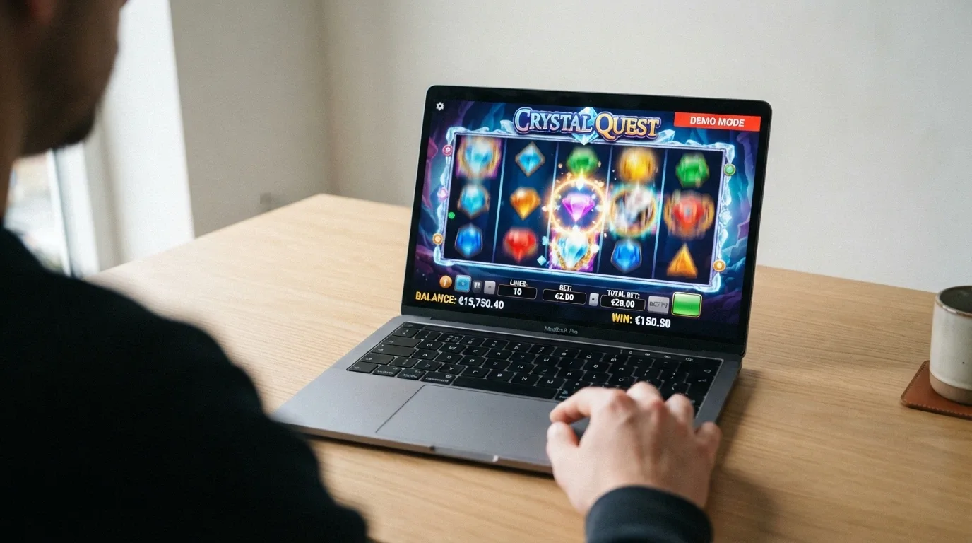 Pantalla de ordenador mostrando un slot de Hacksaw Gaming en modo demo con saldo ficticio en euros