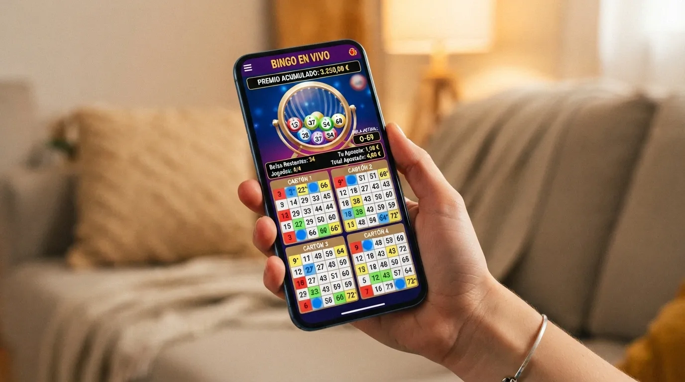 Pantalla de video bingo con cuatro cartones simultáneos, bolas extra y marcador de premios