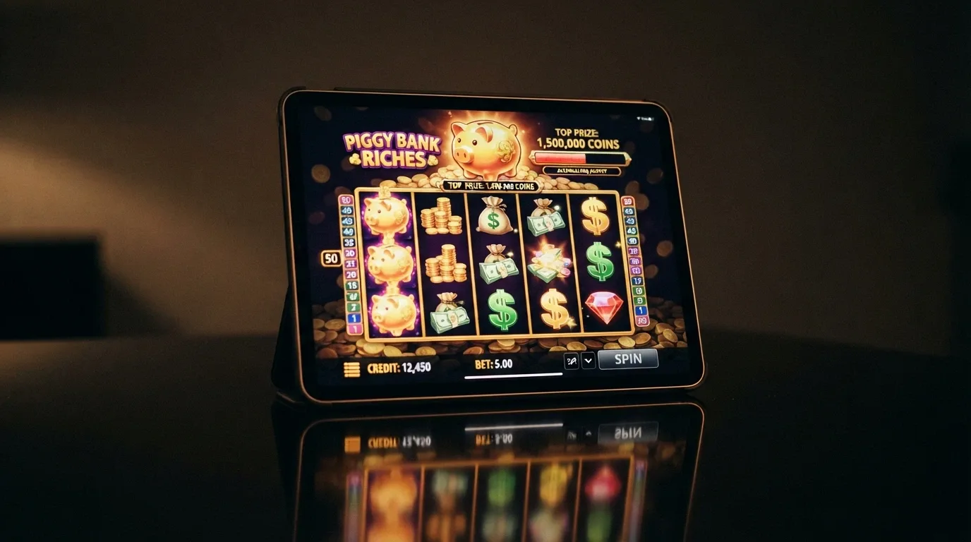 Pantalla de juego de Mega Fire Blaze Piggies and the Bank mostrando sus 5 rodillos, 50 líneas de pago y la alcancía de los jackpots