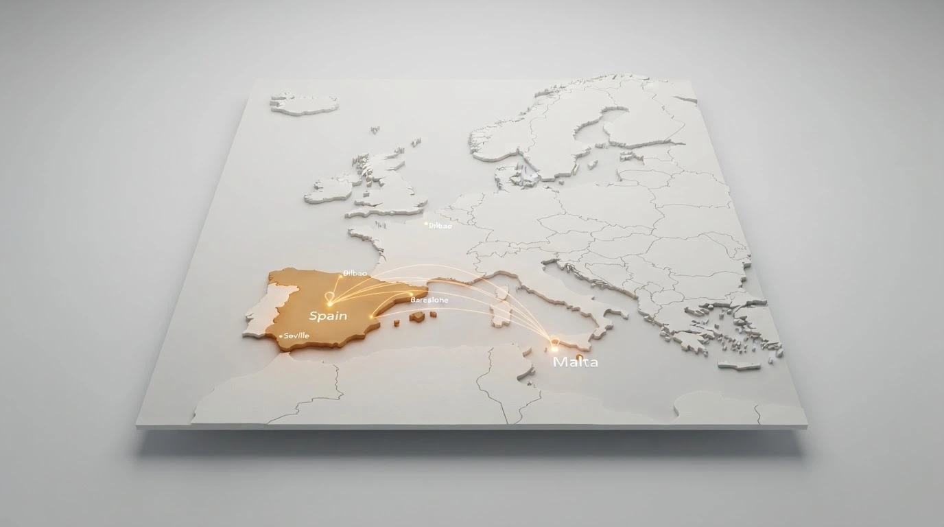 Mapa de Europa con España resaltado y líneas que conectan Malta con las ubicaciones de los casinos españoles que integran Hacksaw Gaming