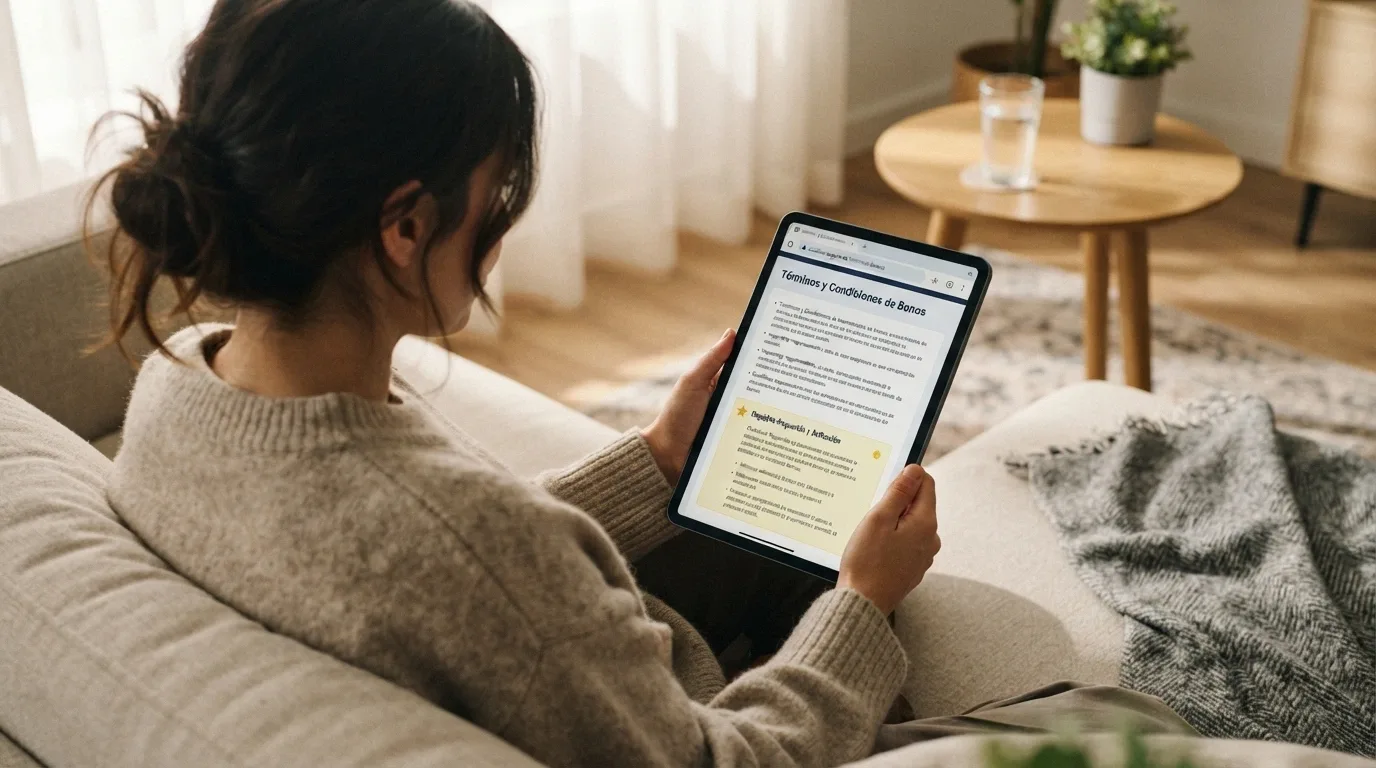 Un jugador sentado en un sofá consultando la página de un casino online desde una tableta, con gesto de estar leyendo condiciones antes de decidirse