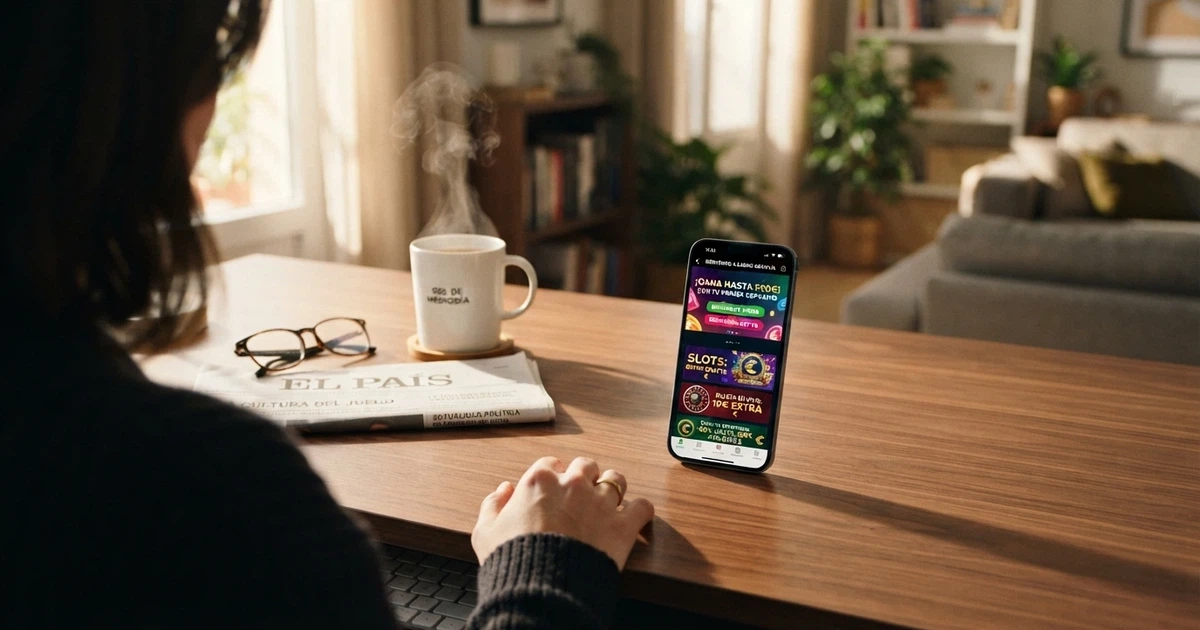 Escritorio con un móvil mostrando la pantalla de promociones de un casino online español, junto a un café y unas gafas