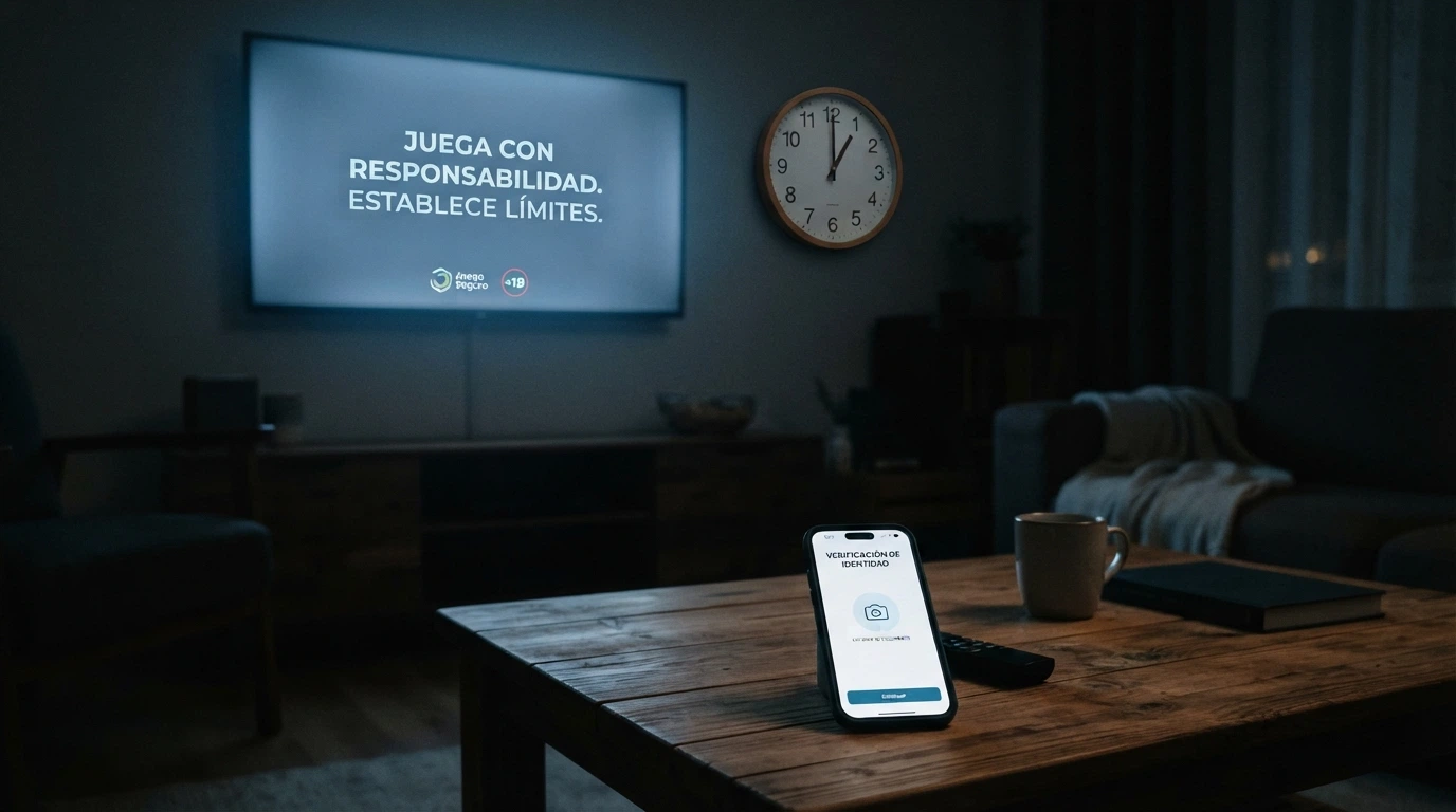 Un reloj marcando las 01:00 junto a una pantalla de televisión con el mensaje de juego responsable y un móvil mostrando la verificación documental de un casino .es