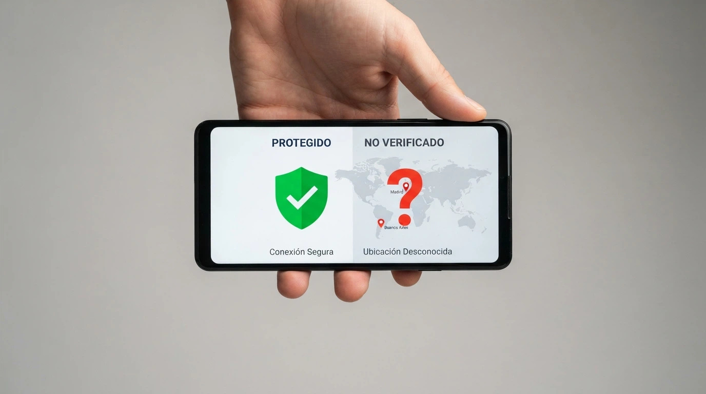 Una mano sostiene un móvil con la pantalla partida: a la izquierda el logo de la DGOJ, a la derecha un signo de interrogación sobre un mapa con pines en Curaçao y Malta