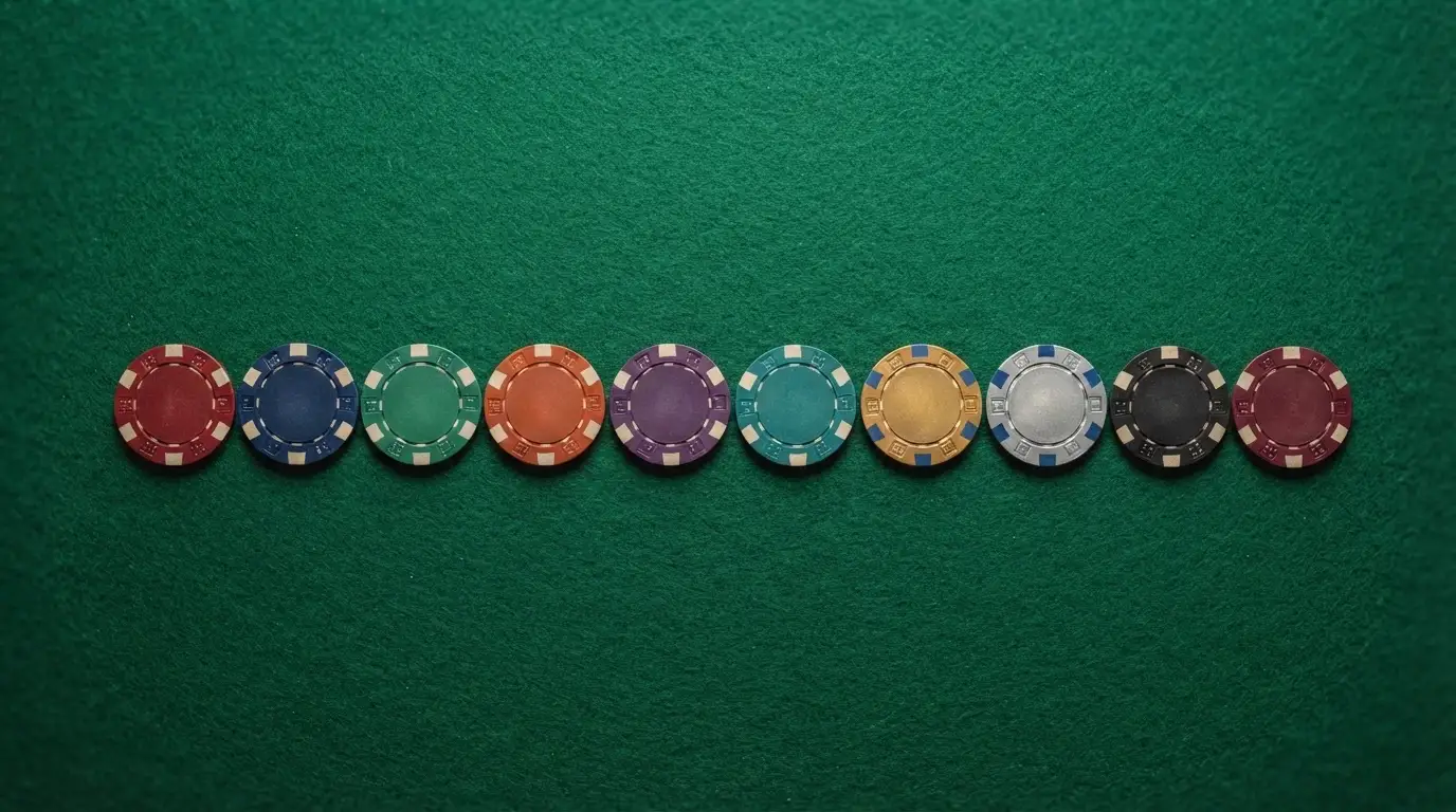 Diez fichas de casino alineadas sobre un tapete verde, cada una con el nombre de un operador, ordenadas de izquierda a derecha