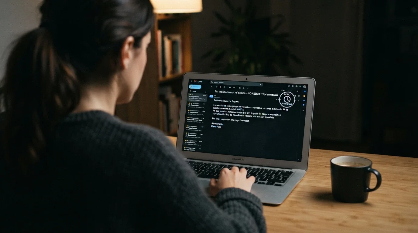 Pantalla de ordenador mostrando un correo de reclamación sin contestar, con el logo del casino visible y un reloj marcando varias semanas