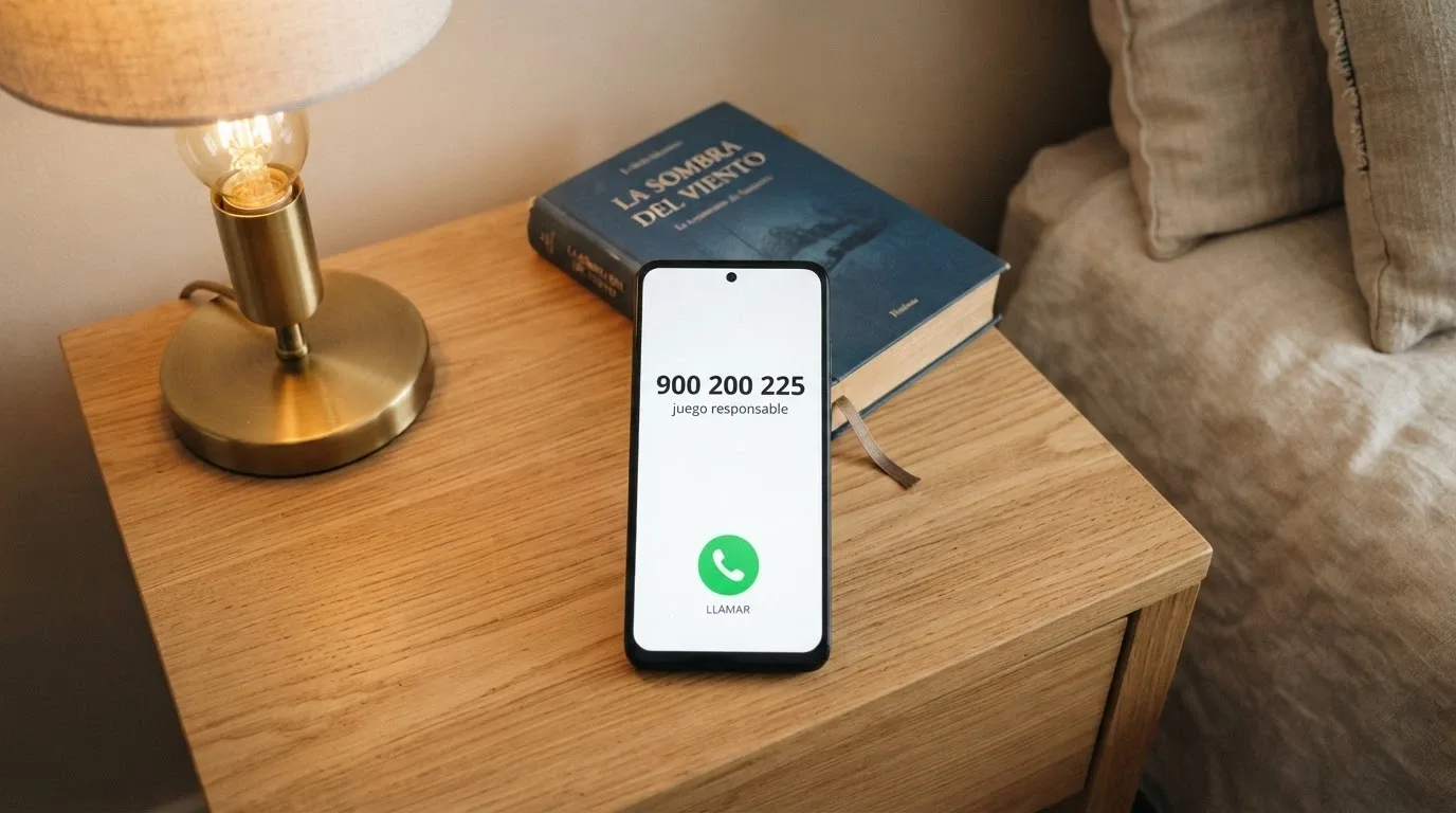 Un teléfono móvil con el número 900 200 225 en pantalla y las palabras juego responsable visibles en la parte inferior