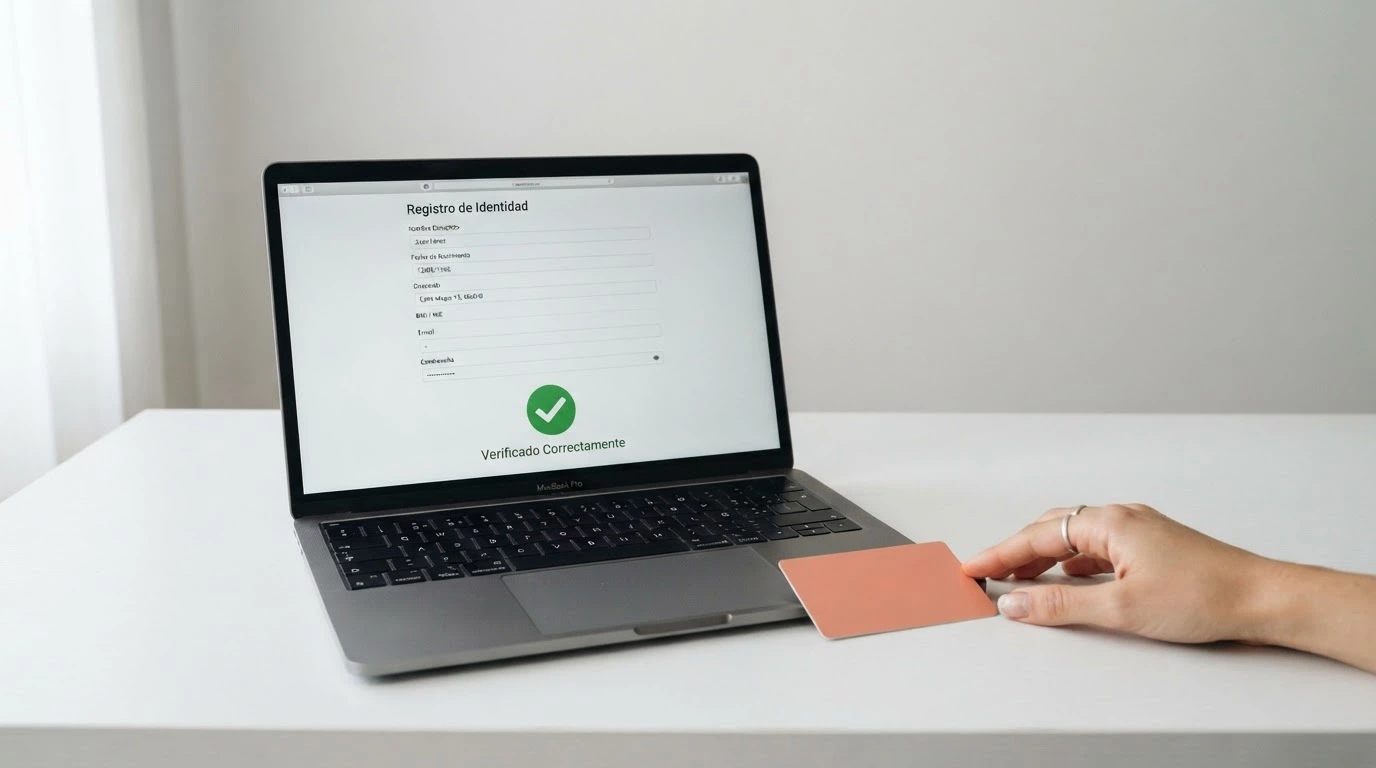 Formulario de registro en un casino online con un icono de verificación de identidad y un documento de identidad junto al teclado