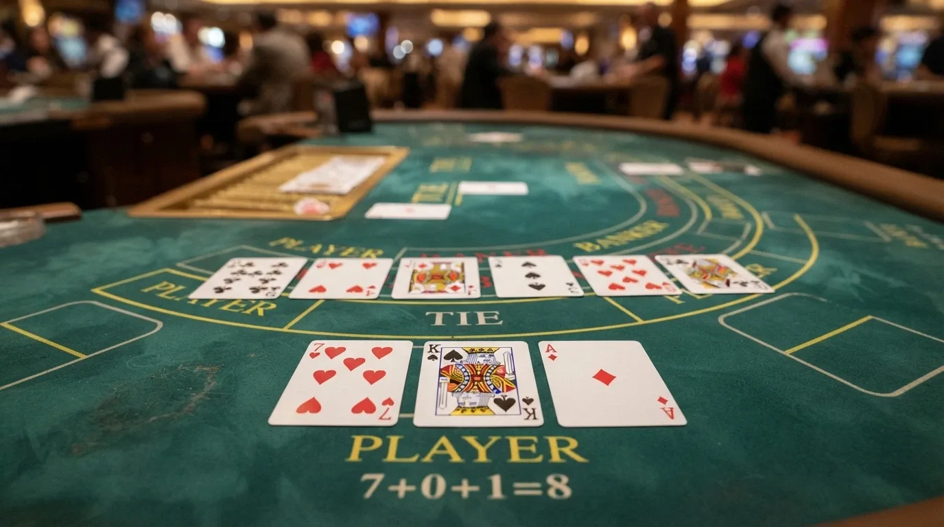 Cartas de la baraja francesa sobre una mesa de baccarat con sus valores numéricos