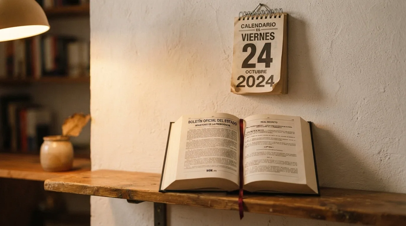 Un calendario de pared abierto en una hoja con el año en curso, junto a un ejemplar del BOE con una página marcada. Sin fechas ni titulares legibles más allá de «Real Decreto».
