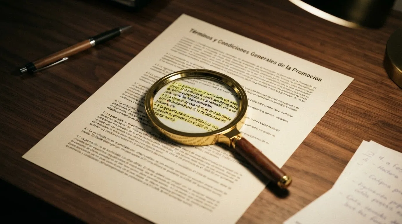 Primer plano de un documento con una lupa sobre la letra pequeña de las condiciones de un bono sin depósito, con los términos «rollover», «vigencia» y «ganancia máxima» resaltados