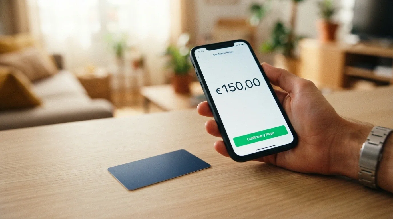 Un móvil mostrando una pantalla de retirada bancaria con el icono de Bizum y una tarjeta de débito junto al dispositivo