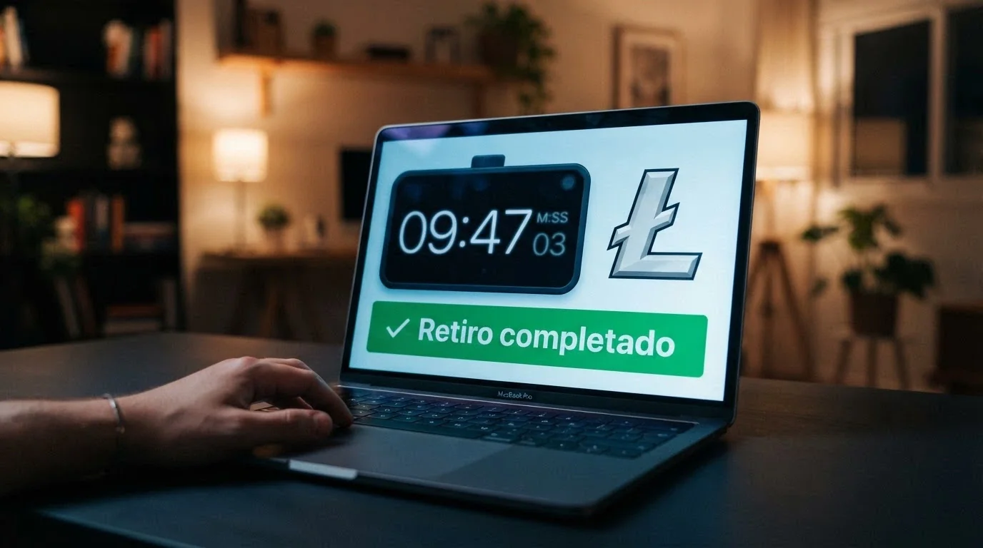 Un cronómetro sobre la pantalla de un casino online con el símbolo de Litecoin y una notificación de retiro completado