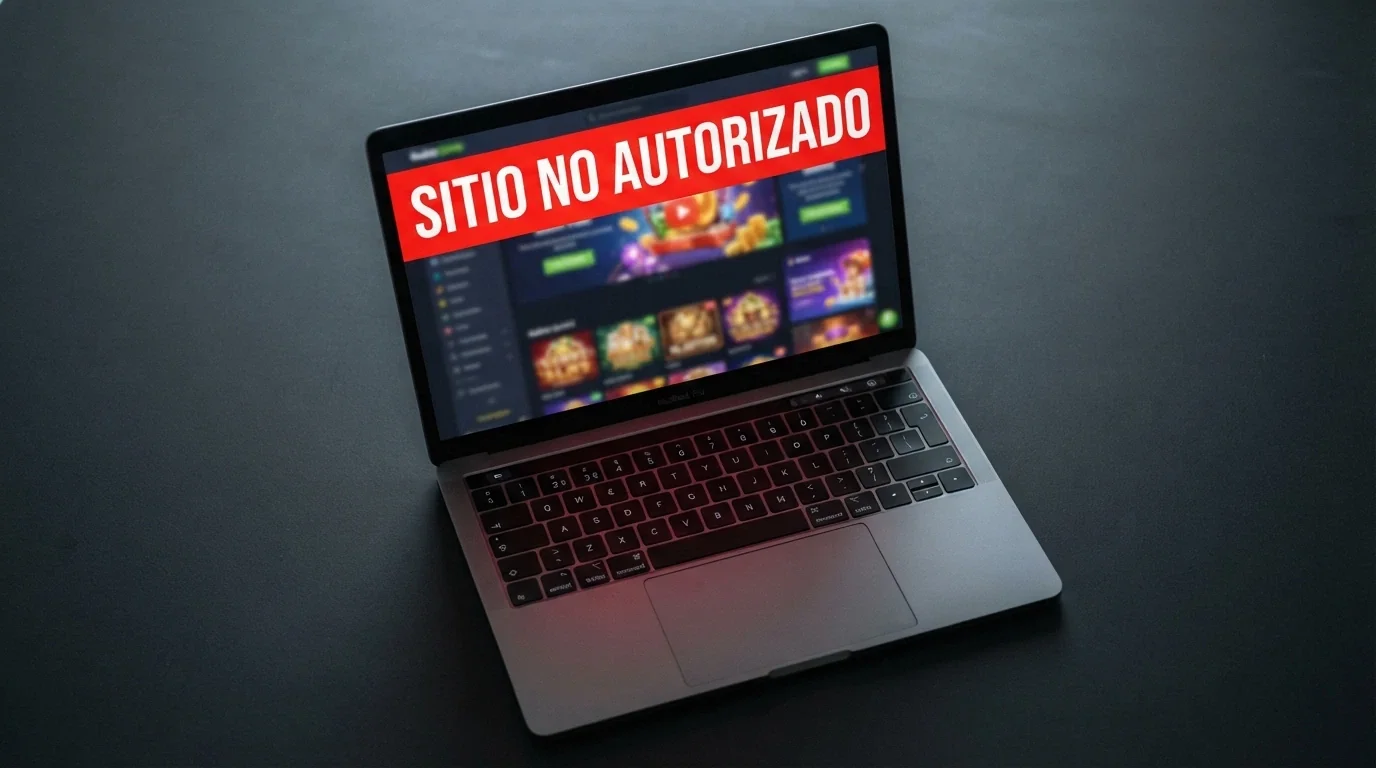 Pantalla de ordenador con un mensaje de advertencia de la DGOJ superpuesto sobre la fachada de un casino online sin licencia, con el texto «sitio no autorizado» en rojo