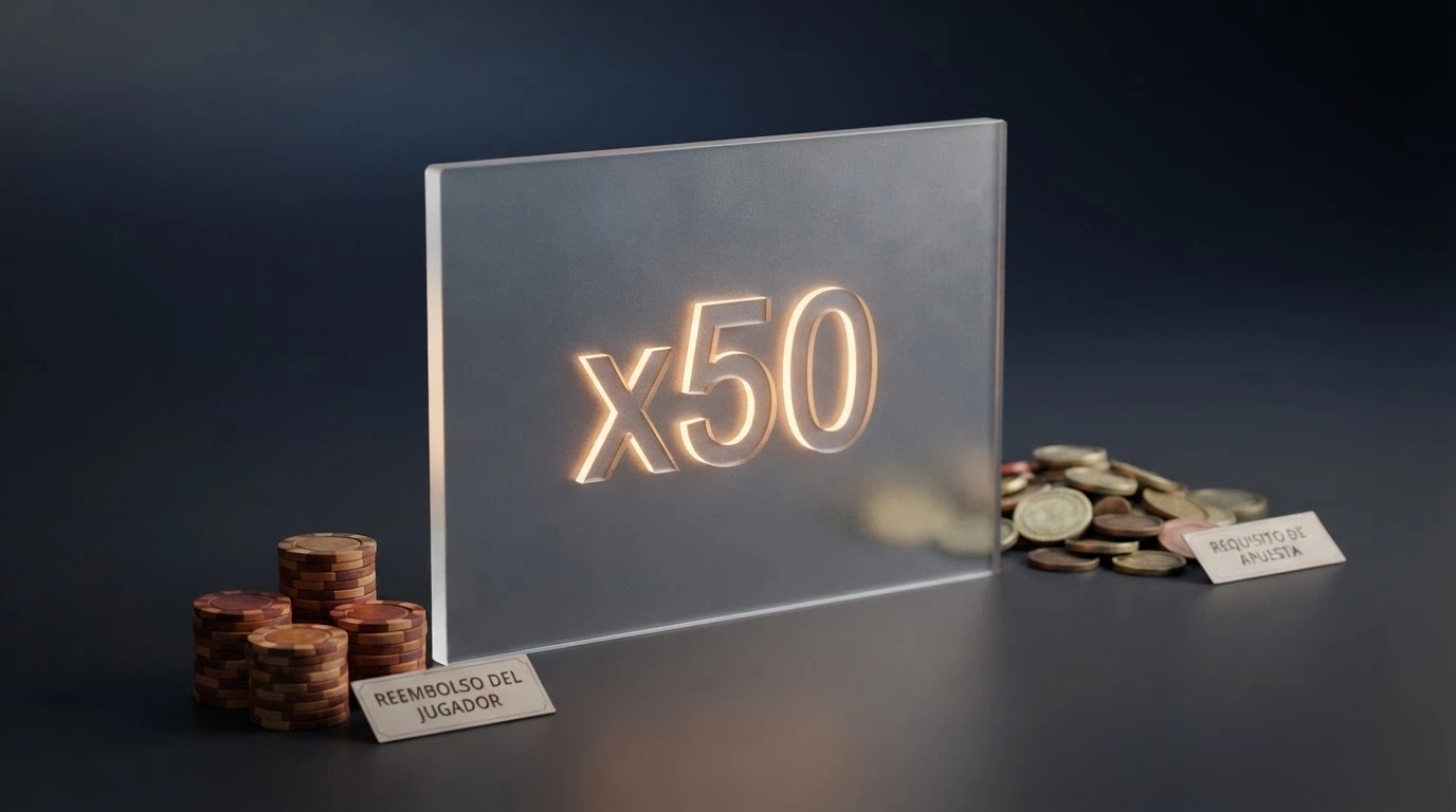 Una barrera visual que separa al jugador del dinero del reembolso, con un multiplicador x50 destacado