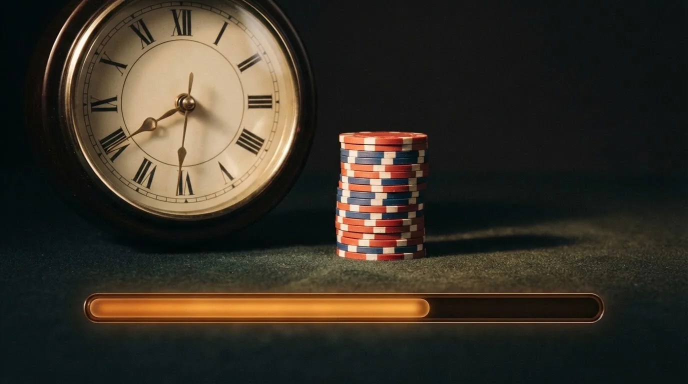 Un reloj junto a una pila de fichas de casino con una barra de progreso que muestra el requisito de apuesta pendiente