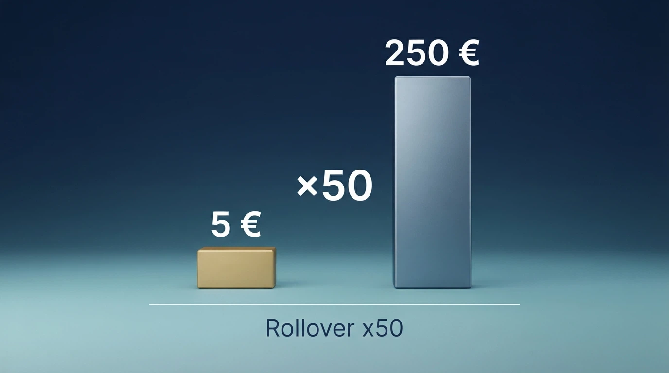 Representación visual de cómo un requisito de apuesta x50 convierte 5 € de ganancia en 250 € de volumen de juego obligatorio