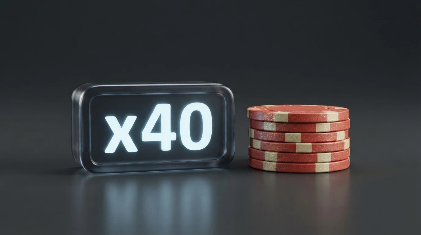 Representación visual de un requisito de apuesta: un contador que muestra «x40» junto a fichas de casino apiladas