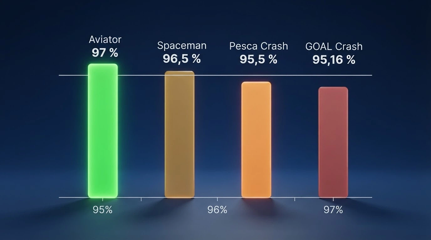 Gráfico de barras comparando el RTP de Aviator (97 %), Spaceman (96,5 %), Big Bass Crash (95,5 %) y GOAL Crash (95,16 %)