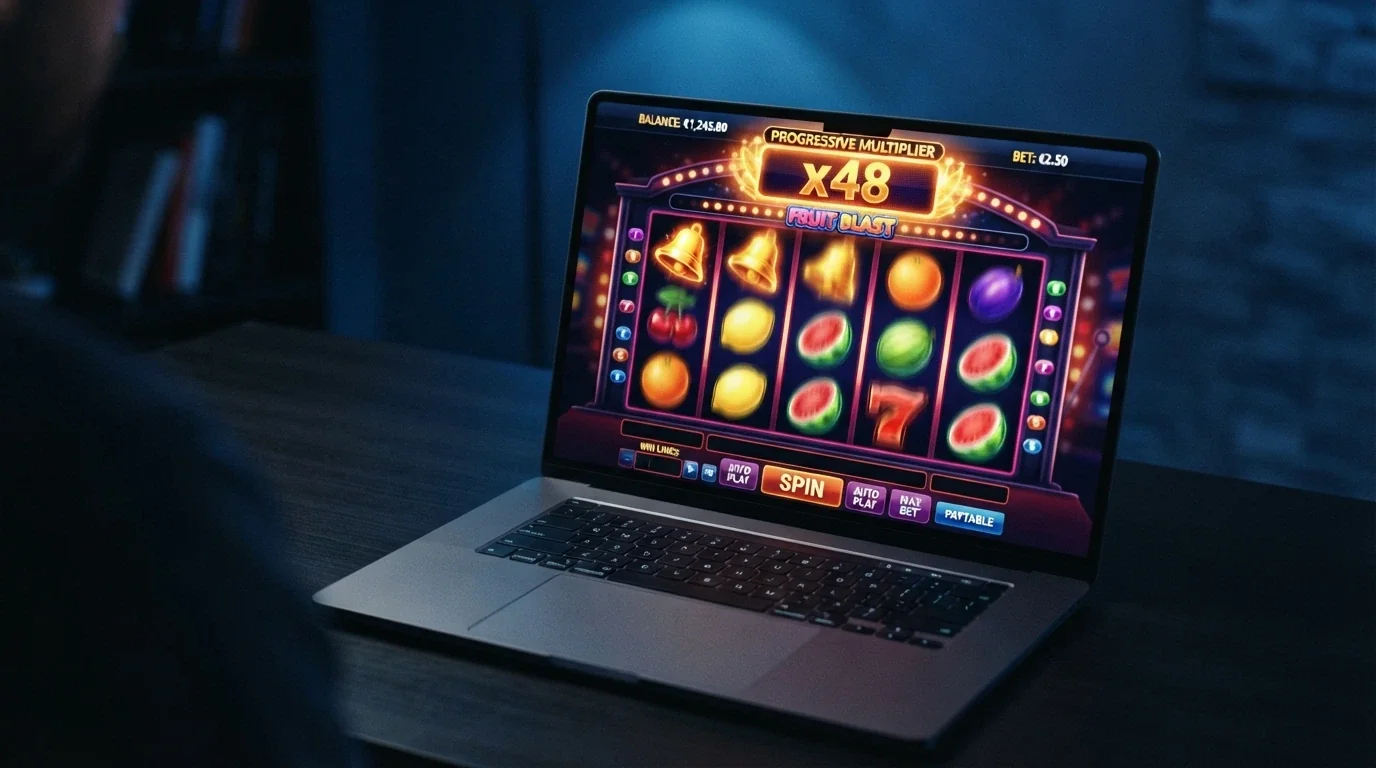 Una cuadrícula de tragaperras online con símbolos de frutas y multiplicadores visibles en la interfaz del juego