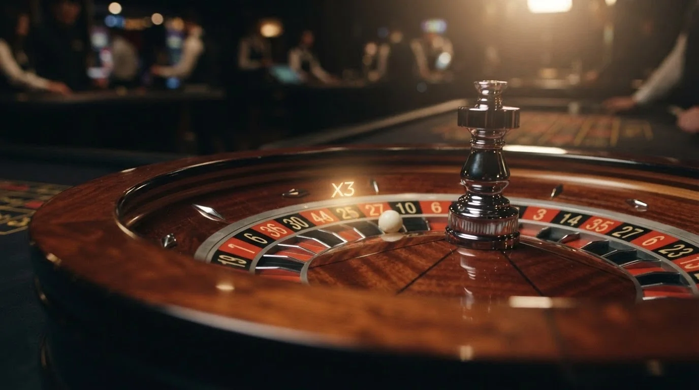 Primer plano de una ruleta en vivo con multiplicadores Lightning iluminando los números