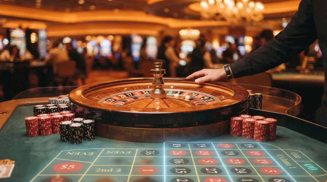 Mesa de ruleta en vivo con crupier real, rueda girando y panel digital de apuestas