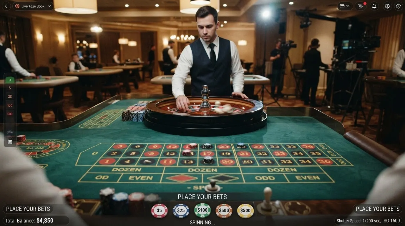 Mesa de ruleta en vivo con crupier real filmada desde ángulo de juego, interfaz de apuestas superpuesta