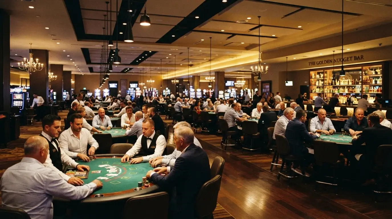 Interior de la sala de juego del Casino Barcelona con mesas iluminadas y jugadores de etiqueta informal elegante