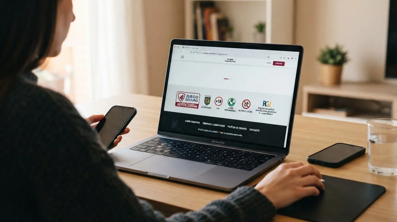 Pie de página de un casino online español con el sello de la DGOJ, el dominio .es en la barra del navegador y los iconos de juego seguro visibles