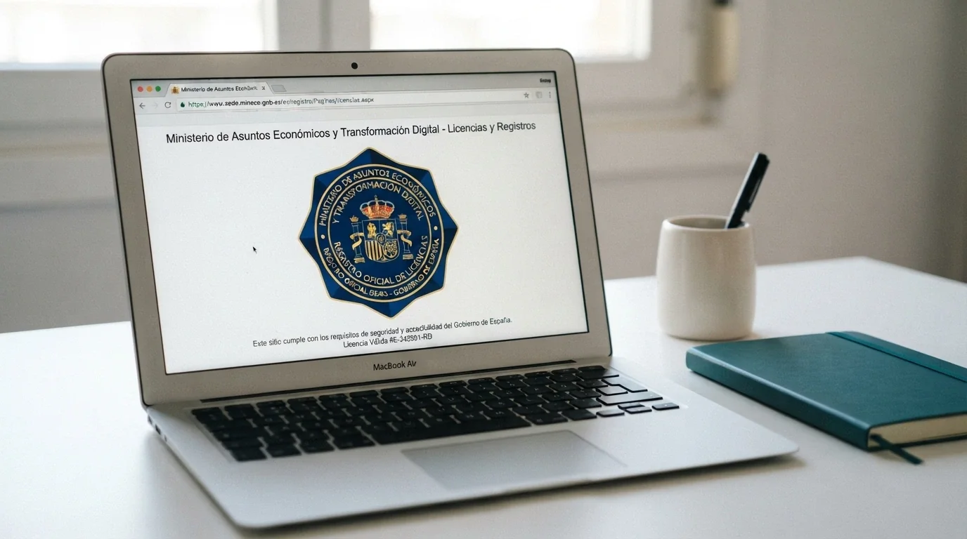 Detalle del sello de la DGOJ y la URL con dominio .es en la pantalla de un casino online legal en España
