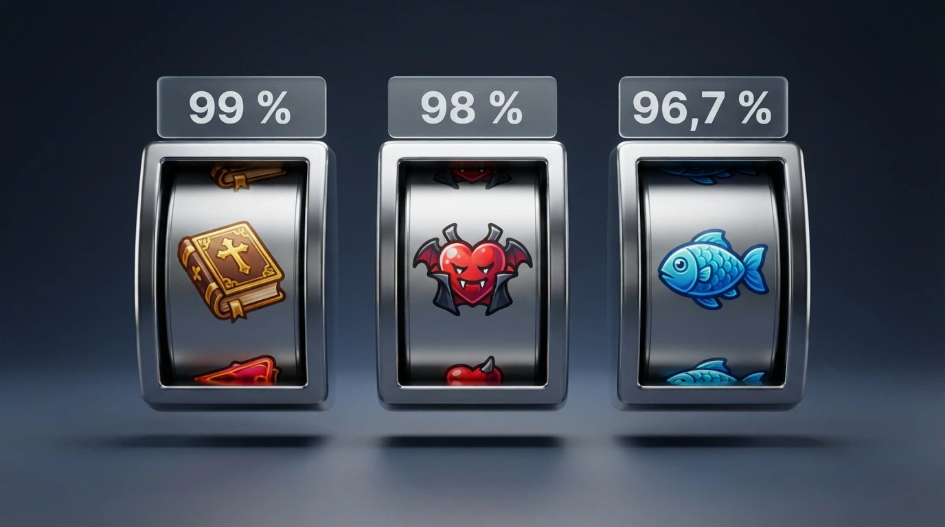 Tres rodillos de tragaperras alineados mostrando símbolos de las slots con mayor RTP — Book of 99, Blood Suckers y Big Bass Bonanza — con el porcentaje de RTP flotando sobre cada una