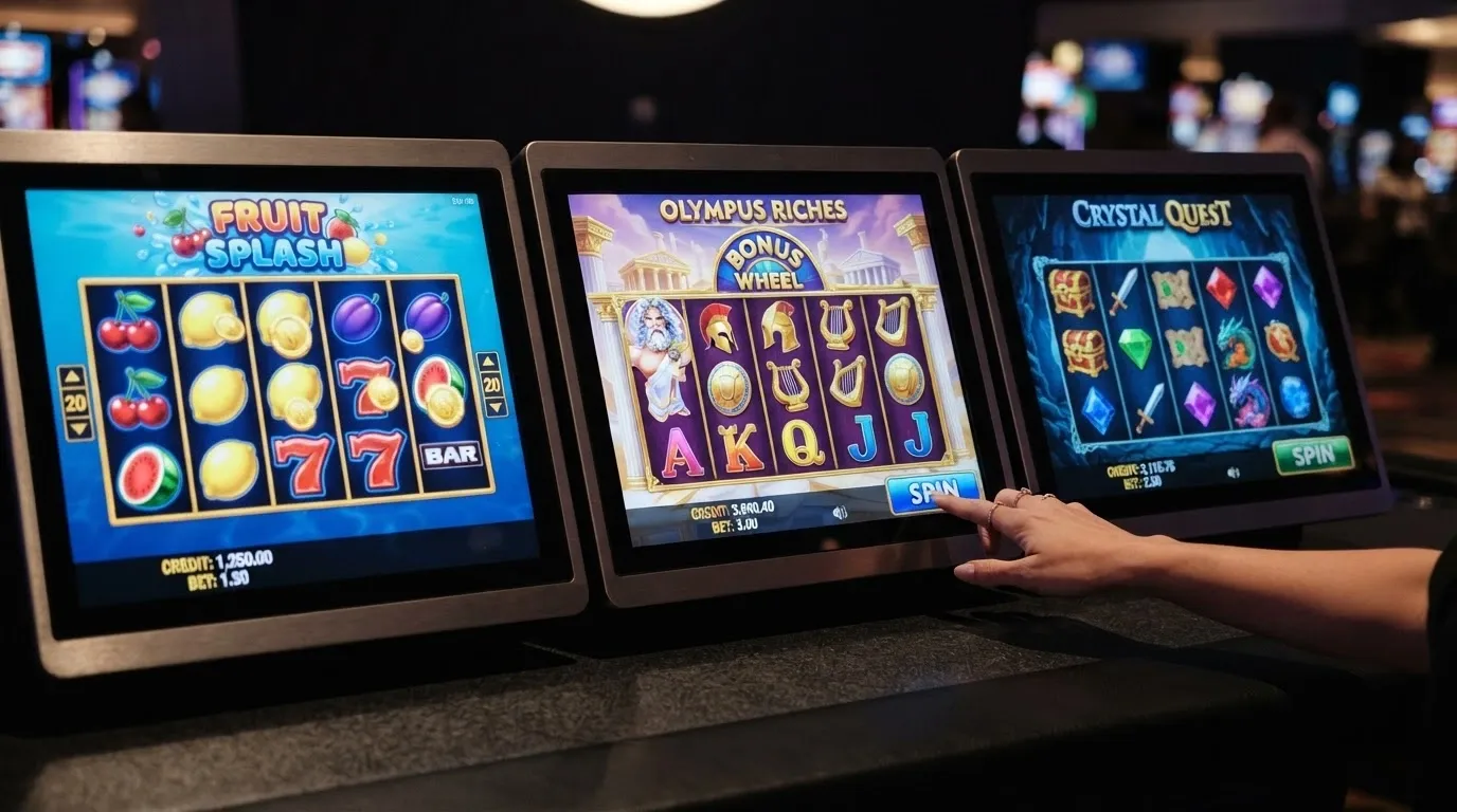 Composición de pantallas de slots online con distintas temáticas y botones de juego visibles