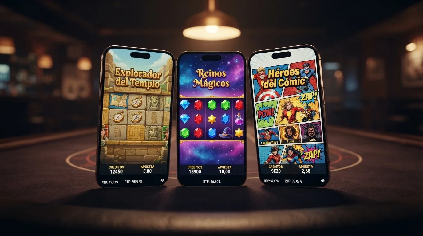 Tres pantallas de tragaperras populares en modo demo —Gonzo's Quest, Starlight Princess y Jack Hammer 2— con su RTP visible en la interfaz de juego