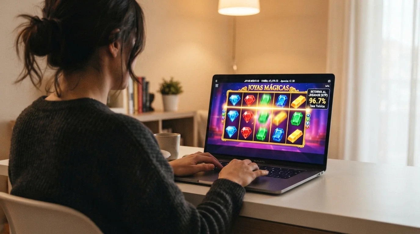 Interfaz de una tragaperras online colorida con el valor de RTP visible en la pantalla de información del juego