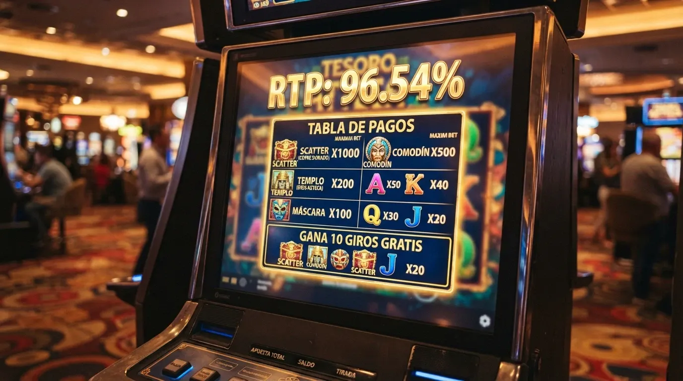 Pantalla de juego de una tragamonedas online con la tabla de pagos y el porcentaje de RTP visibles en la interfaz