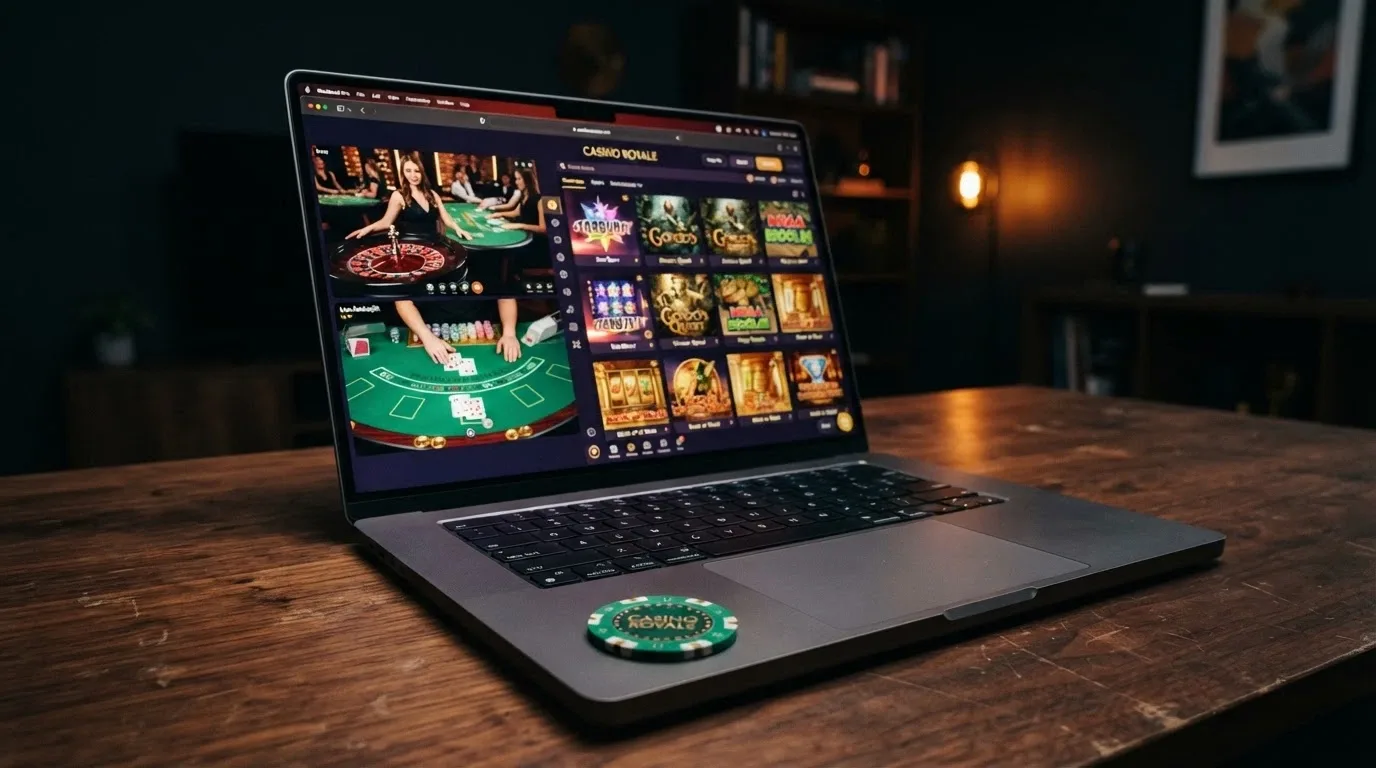 Una cuadrícula con carátulas de slots, una ruleta en vivo con crupier real y una mano de blackjack sobre fichas con el logo de Bitcoin Cash