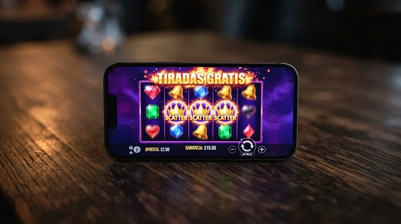 Primer plano de un móvil mostrando los carretes de una tragaperras con el símbolo de tiradas gratis activado, con el logo de Big Bass Splash reconocible en la interfaz