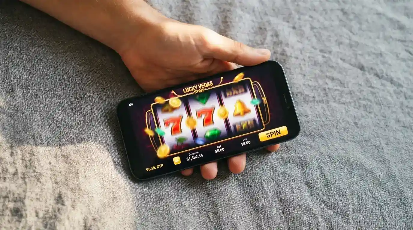 Captura de pantalla de una tragaperras con rodillos de colores girando en un teléfono, con el RTP visible en la esquina