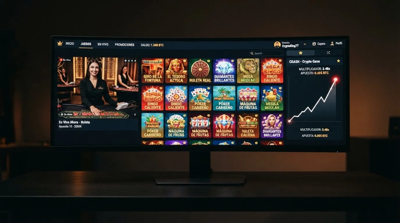 Pantalla de lobby de casino online con miniaturas de slots, una mesa de ruleta en vivo y un juego Crash con gráfico en tiempo real