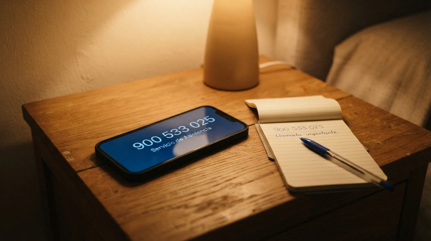 Un teléfono fijo antiguo con el auricular descolgado y un bloc de notas al lado donde se lee «900 533 025» escrito a mano. Iluminación cálida, sin personas.