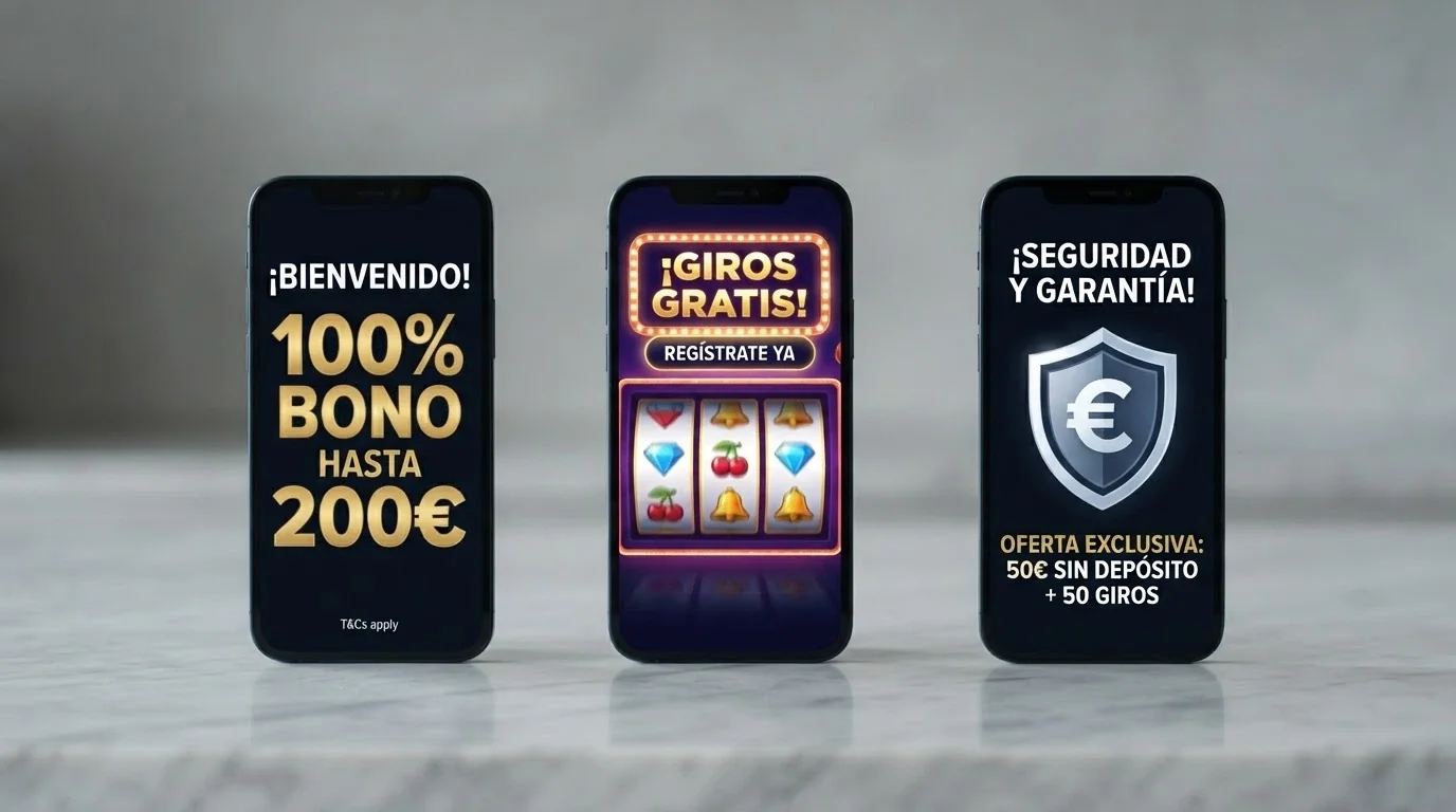 Tres pantallas de casino online mostrando una oferta de bono del 100%, una de giros gratis y una de freebet, alineadas una junto a otra