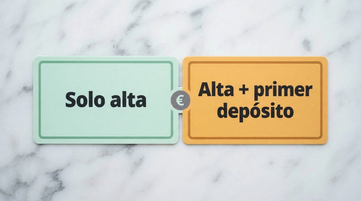 Dos tarjetas de registro de casino una al lado de la otra: una marcada «solo alta» y otra «alta + primer depósito», ilustrando la diferencia entre los dos tipos de bono
