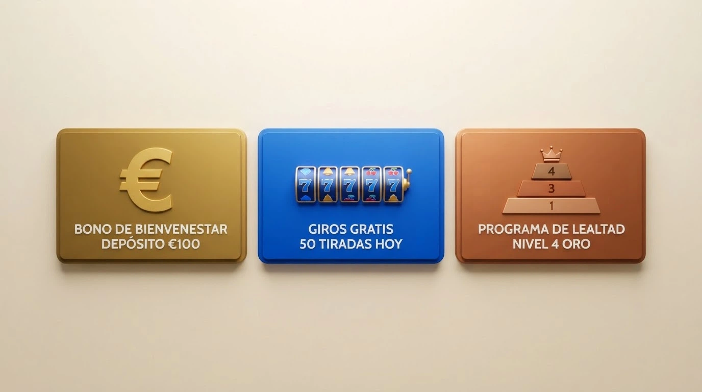 Interfaz de promociones de un casino online español mostrando tarjetas de bono de dinero gratis, tiradas gratuitas y bono escalonado