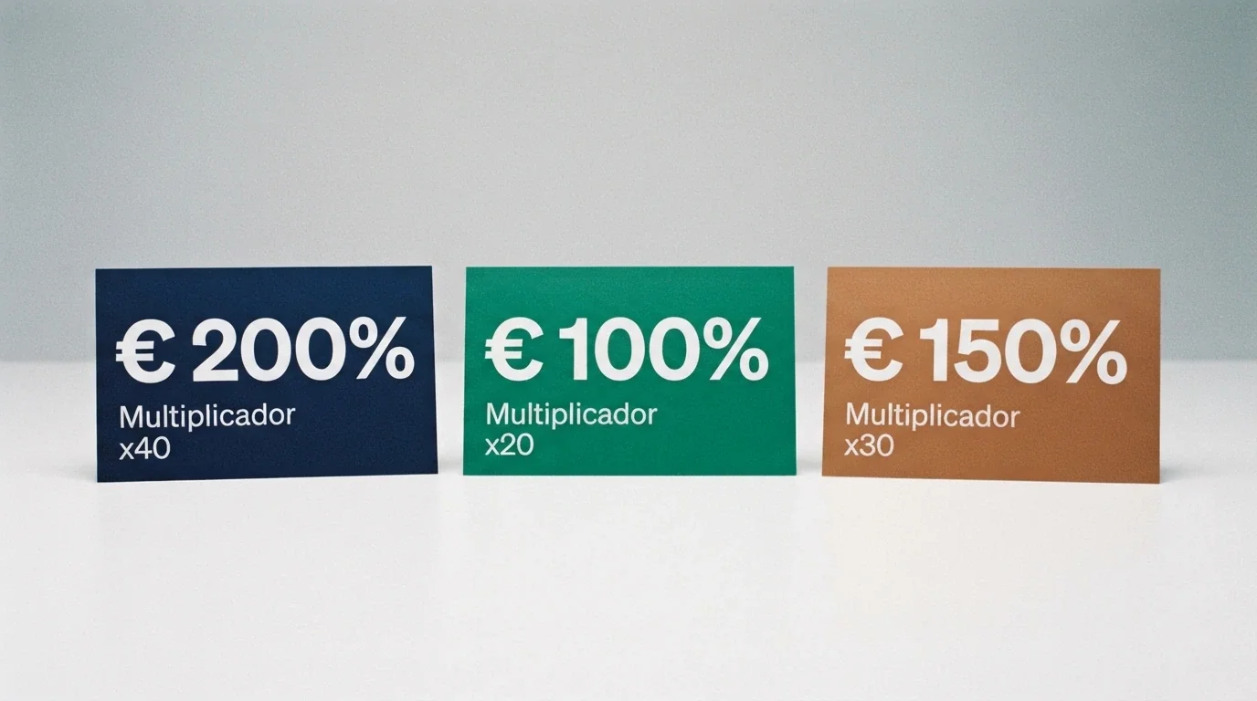 Comparativa visual de tres tarjetas de bono de bienvenida con importes y condiciones diferentes, ordenadas de mayor a menor valor nominal