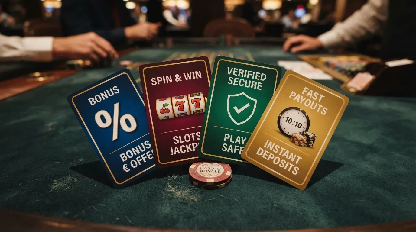 Diferentes tarjetas de promoción de casino alineadas sobre una mesa de juego, cada una con un tipo de bono distinto